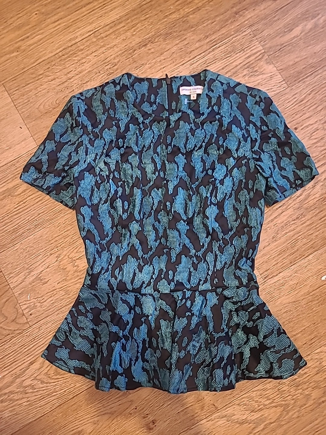 Ladies Opening Ceremony Size Small Black/Teal Short Sleeved Blouse