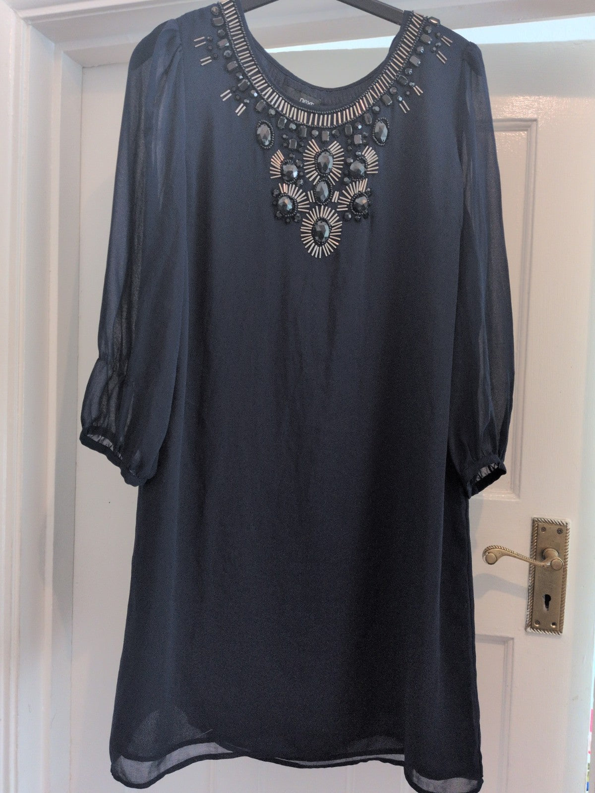 Next 12 Navy Long Sleeve Diamonte Neck Round Neck Lined Dress