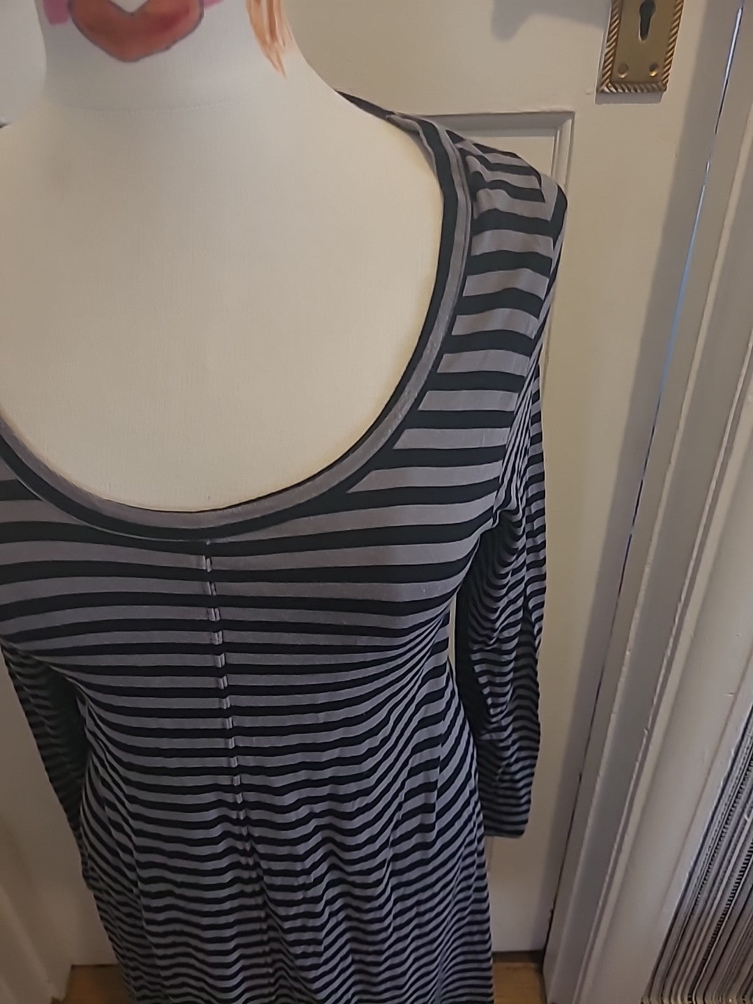 Ladies Earth Size Small Grey Black Striped Long Sleeved Dress