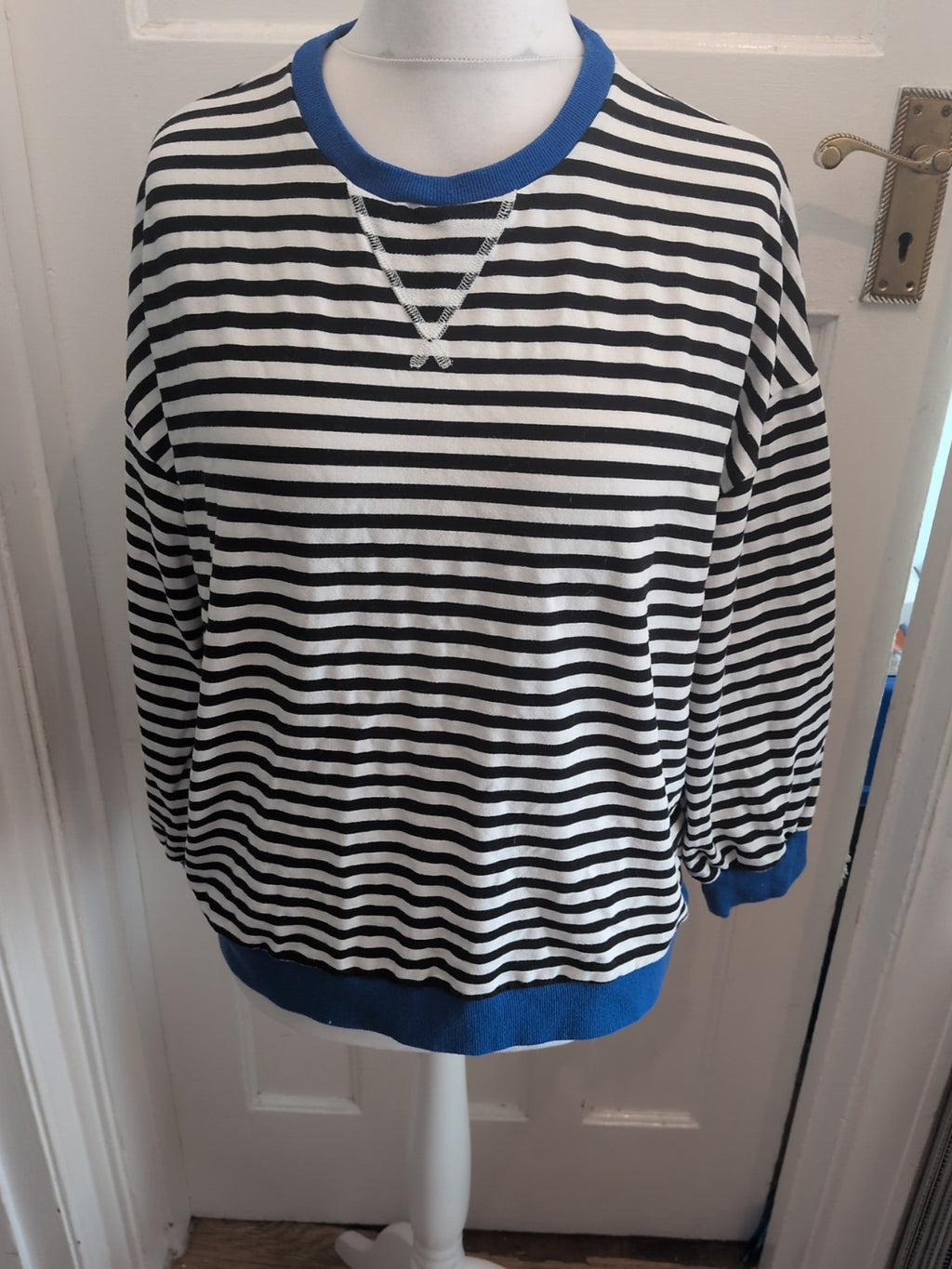 Large Black And White With Blue Trim Stripe Jumper