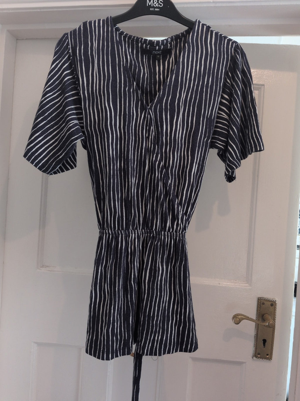 Next 12 Navy Striped Belted Short Sleeve Dress