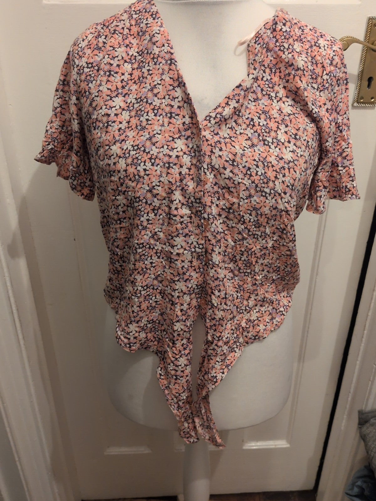 George 10 Pink Floral Front Tie Short Sleeve Blouse