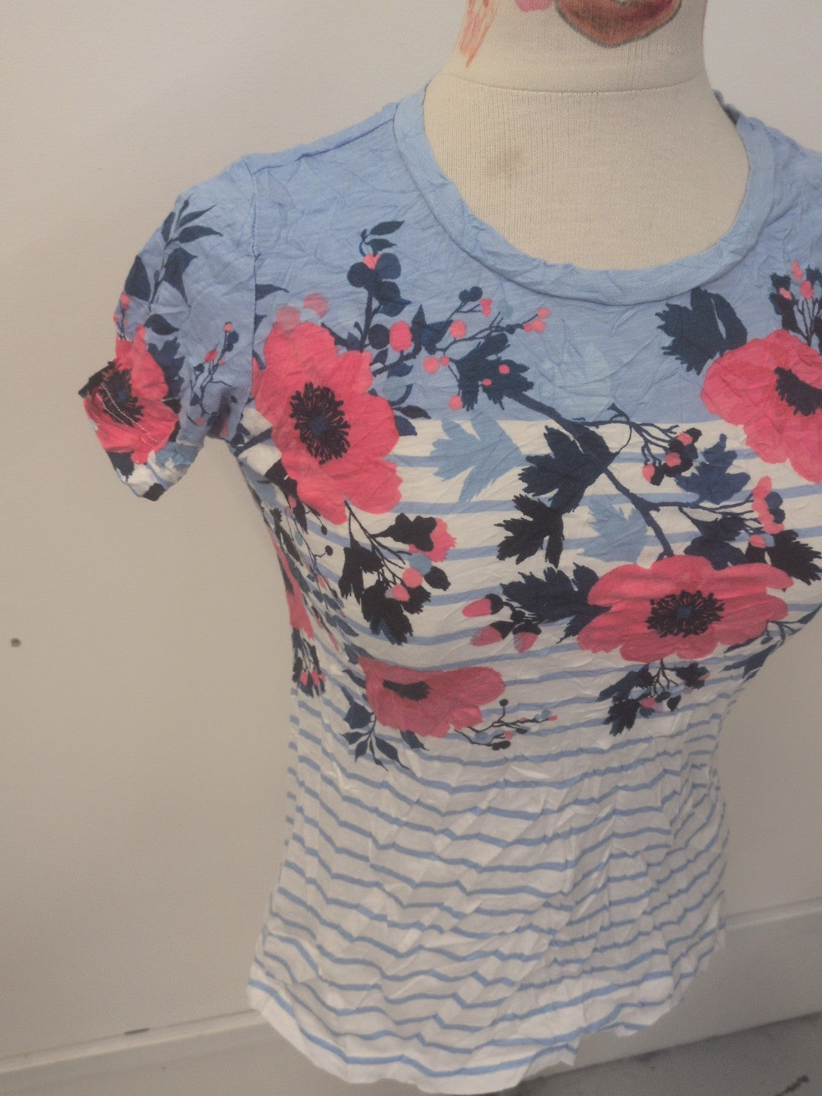 Ladies Joules Size 10 Blue Stripe Floral Short Sleeve T-shirt