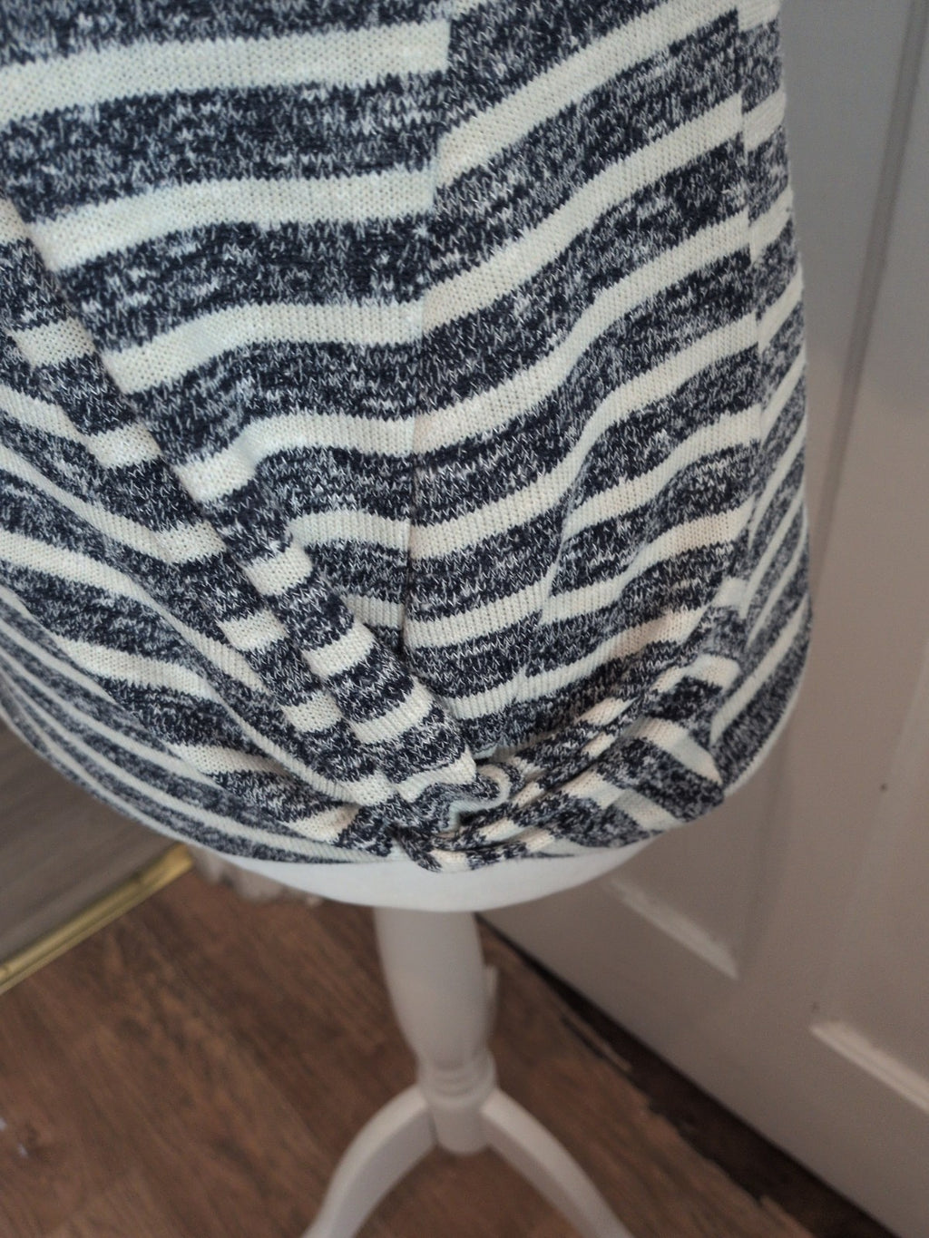 Tu 12 Navy And White Striped Uneven Hem Front Knot Short Sleeve Blouse