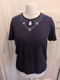 BM Small Navy Embroidered Neck Short Sleeve Blouse