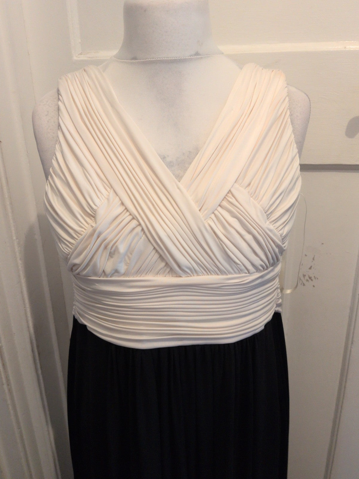 John Lewis 14-16 Cream And Black V Neck Ruffle Sleeveless Long Length Dress