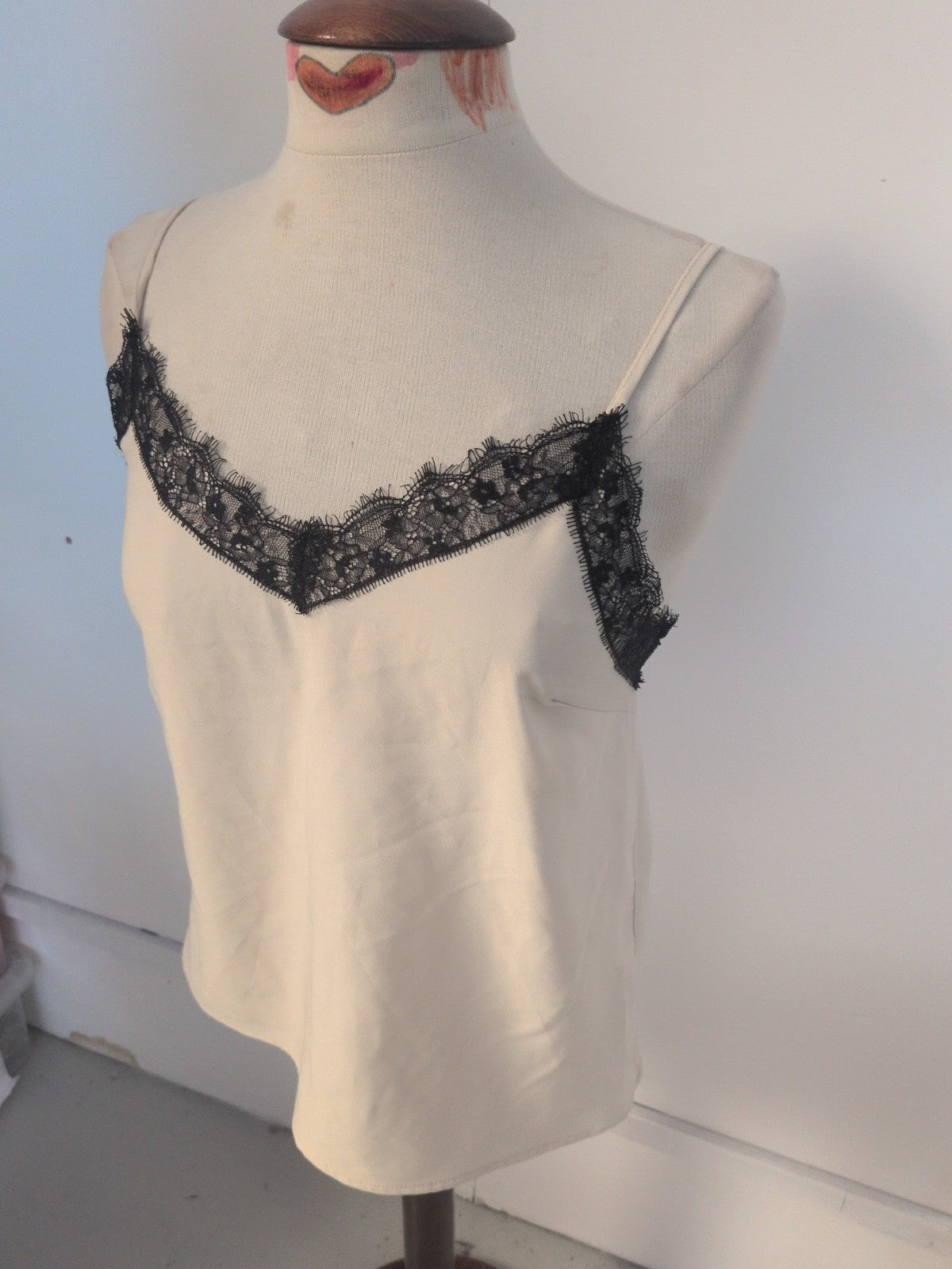 Topshop 10 Cream With Black Lace Trim Cami Top