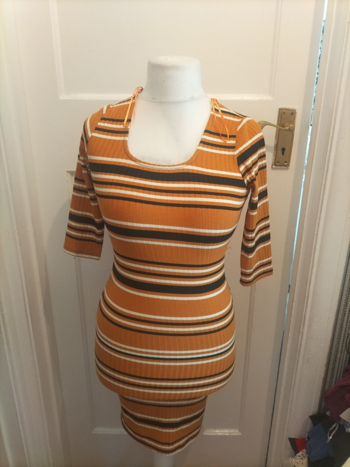 Ladies Primark Size 6 Brand New Mustard Stripe Long Sleeved Dress