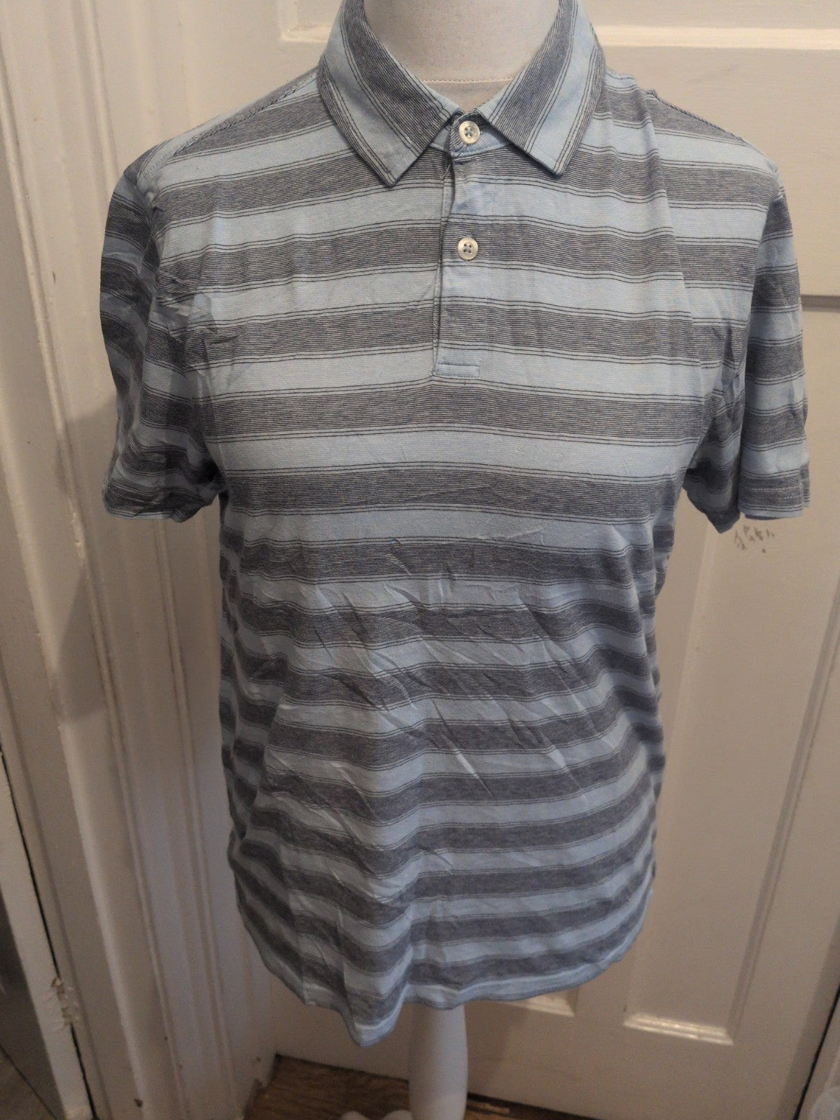 M&S Medium Pure Cotton Navy With Sky Blue Stripe Short Sleeve Polo