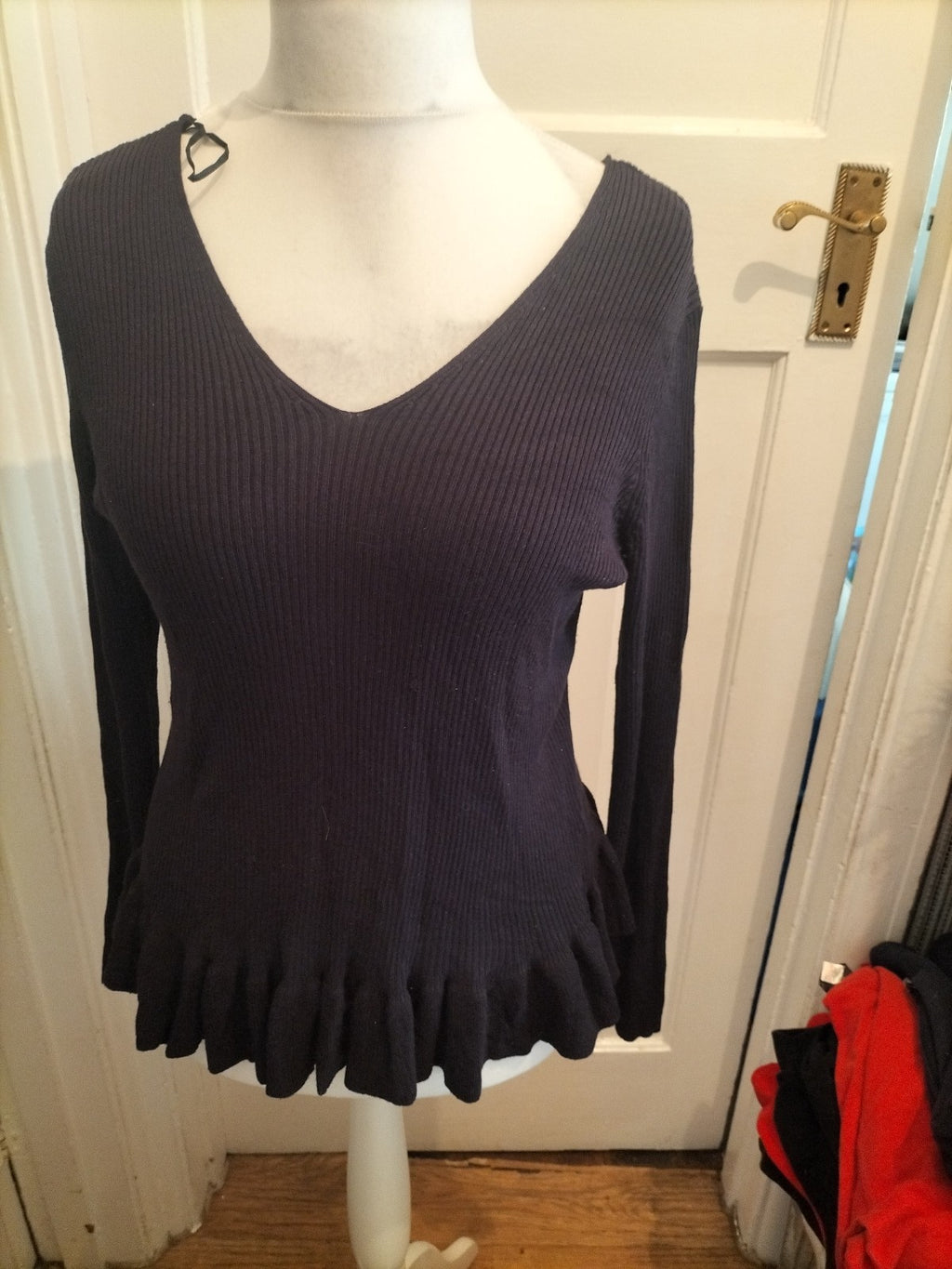 Ladies Marks And Spencer Size 14 Dark Midnight Frilly Hem V Neck Blouse