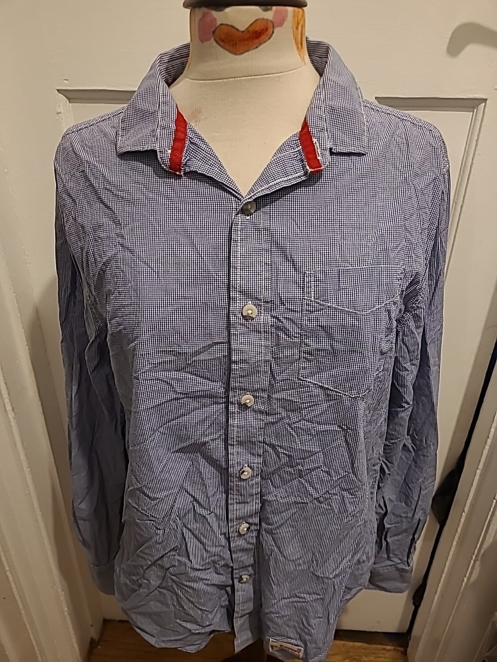 Mens Superdry Size XL Blue/White Check Cut Collar Long Sleeved Shirt