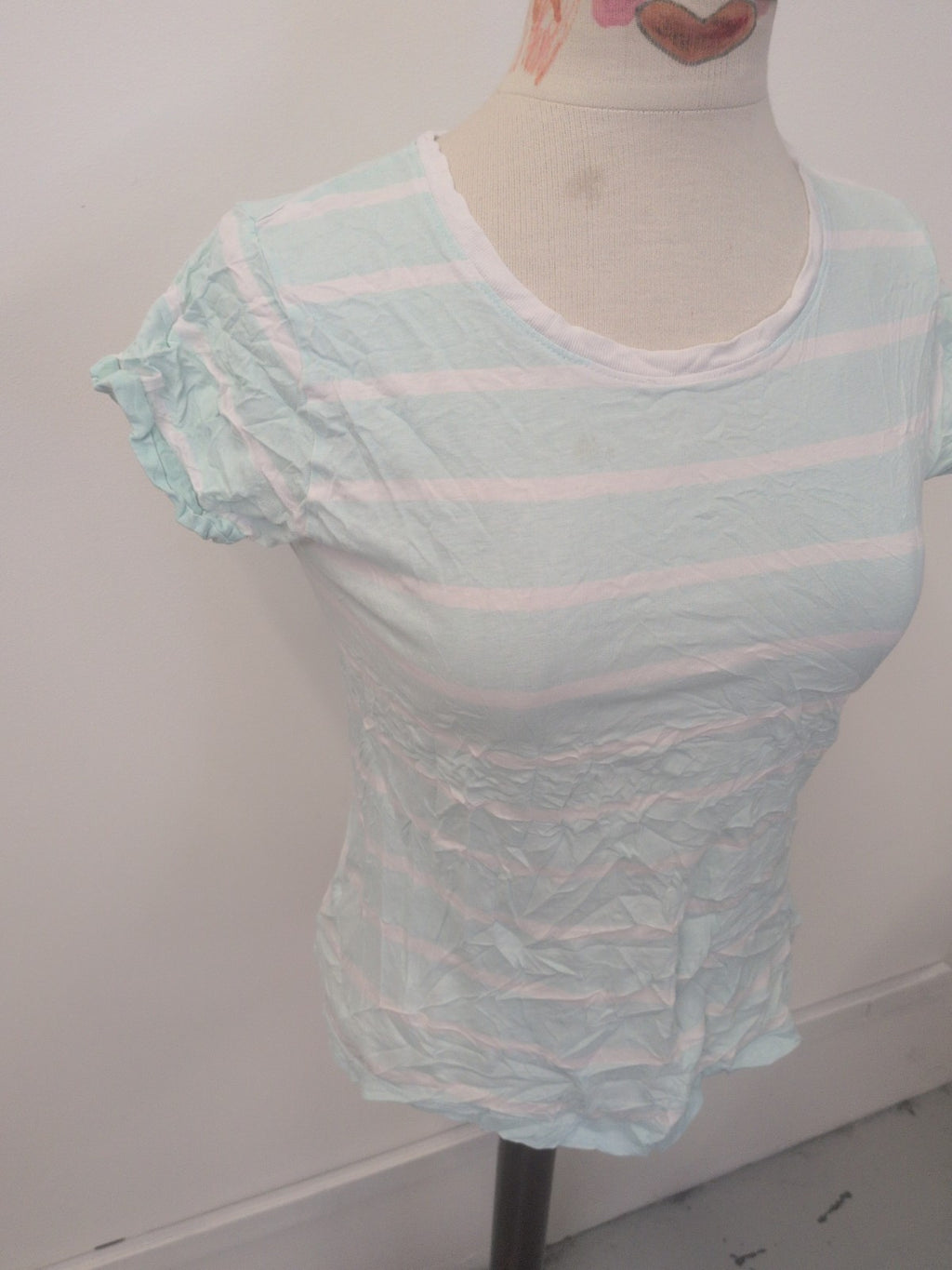Ladies Primark Size 10 Pale Blue Striped Short Sleeve Turn Back T-shirt