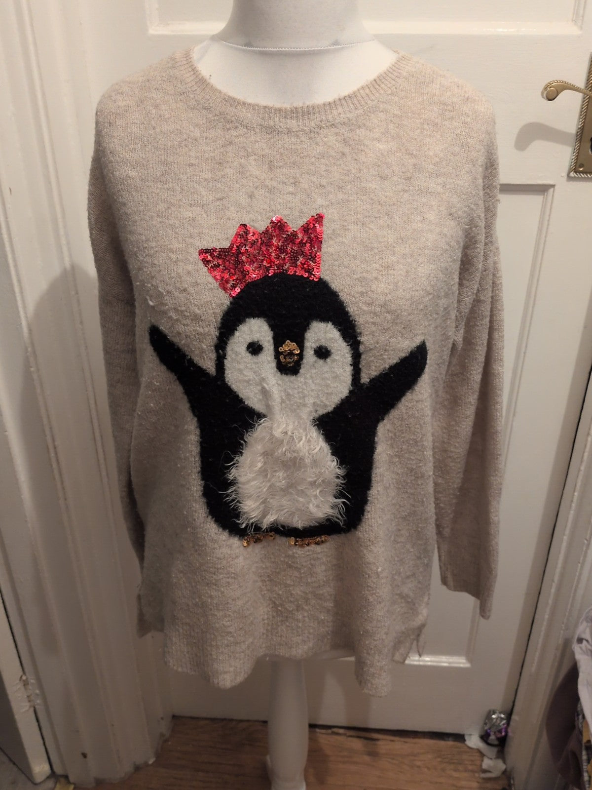 George 14 Beige Christmas Penguin Jumper