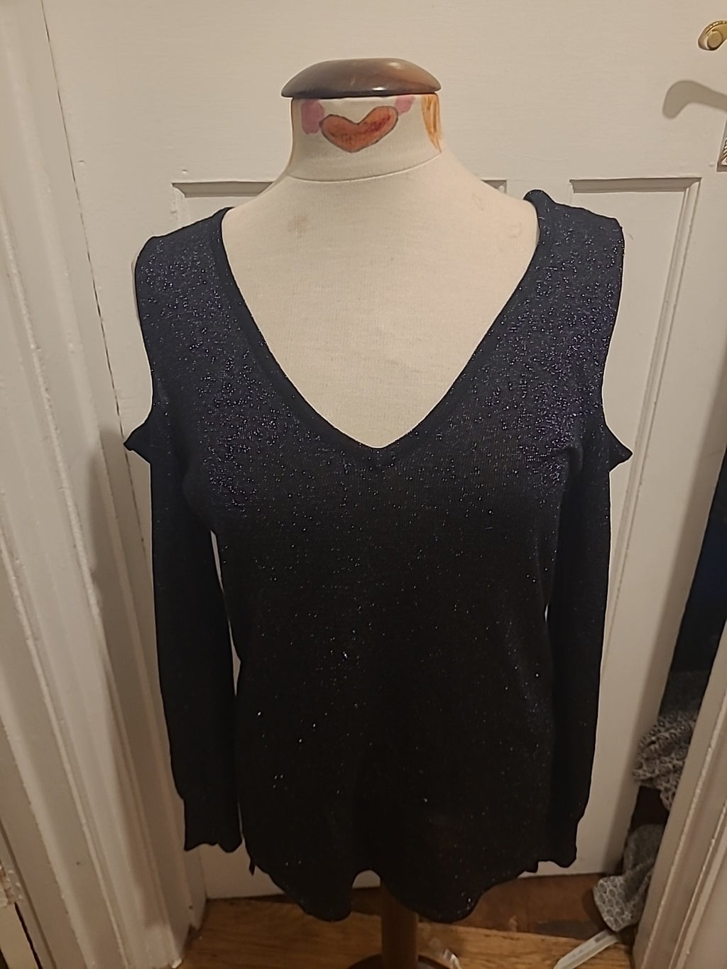 Ladies Peacocks Size 10 Black Shimmer Open Shoulder Blouse