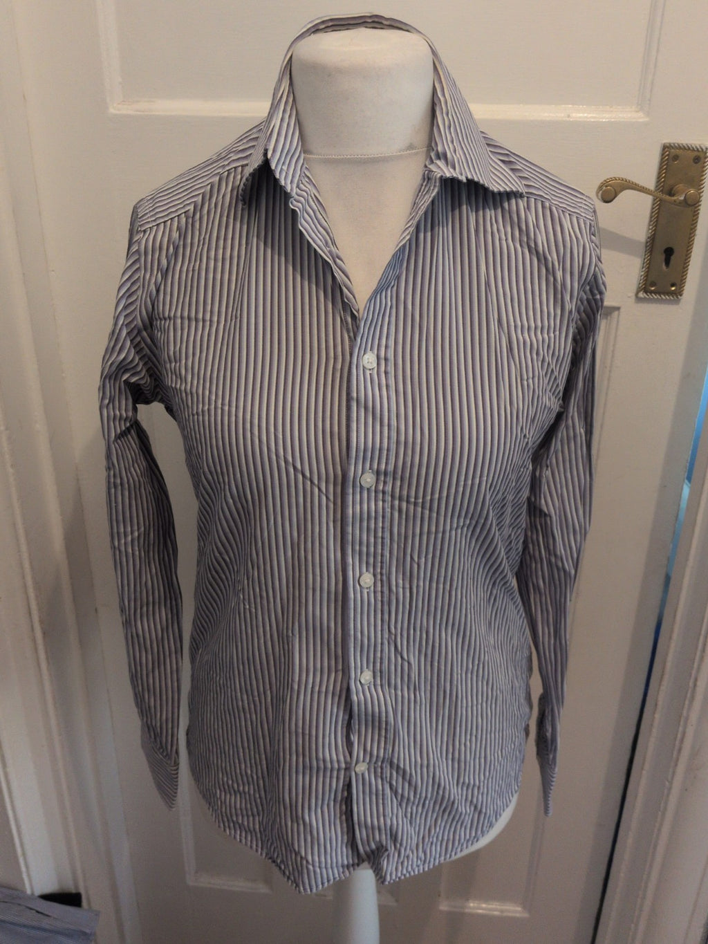 Jeff Banks 15.5 Slim Fit Purple/White/Black Stripe Long Sleeve Shirt