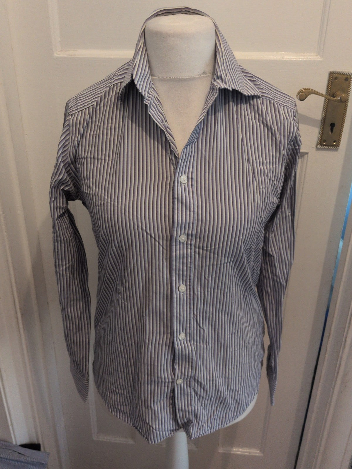 Jeff Banks 15.5 Slim Fit Purple/White/Black Stripe Long Sleeve Shirt