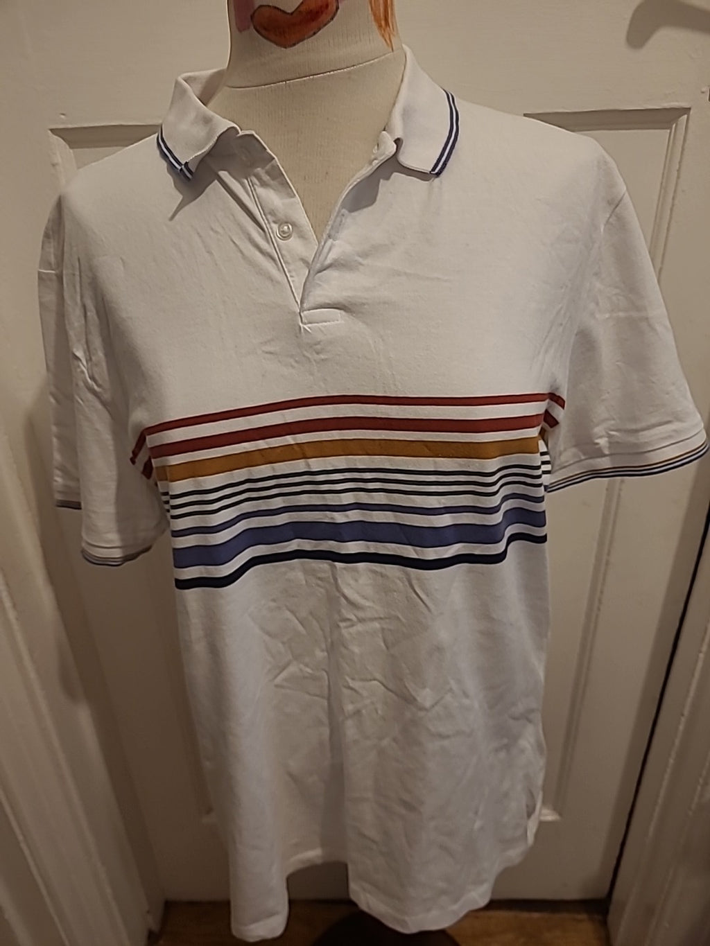 Mens Next Size Large Regular Fit White/Red/Green Short Sleeved Polo