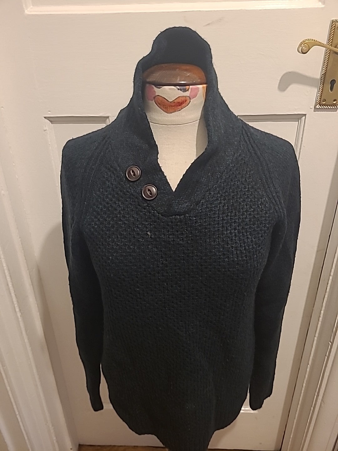Mens Easy Size Small Green Navy Fleck Long Sleeved Pullover Jumper