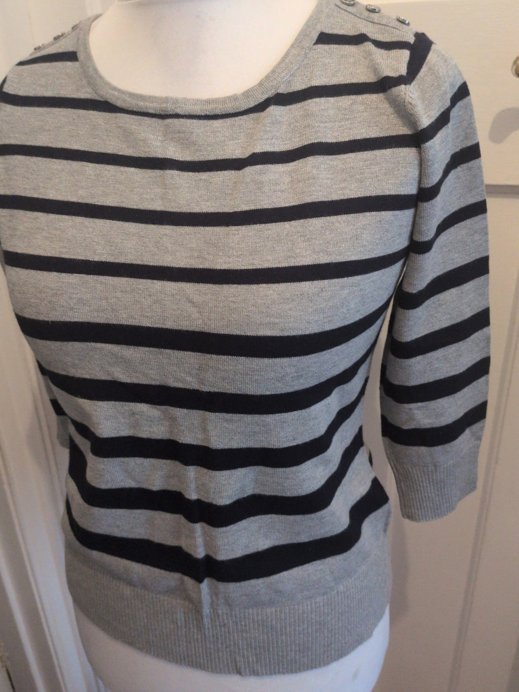 CC Small Petite Grey And Navy Stripe Long Sleeve Lightweight Jumper