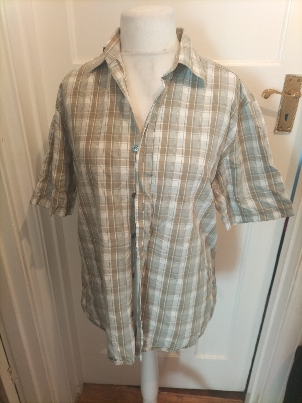 Mens Next Size L Khaki And Grey/White Short Sleeved Shirt