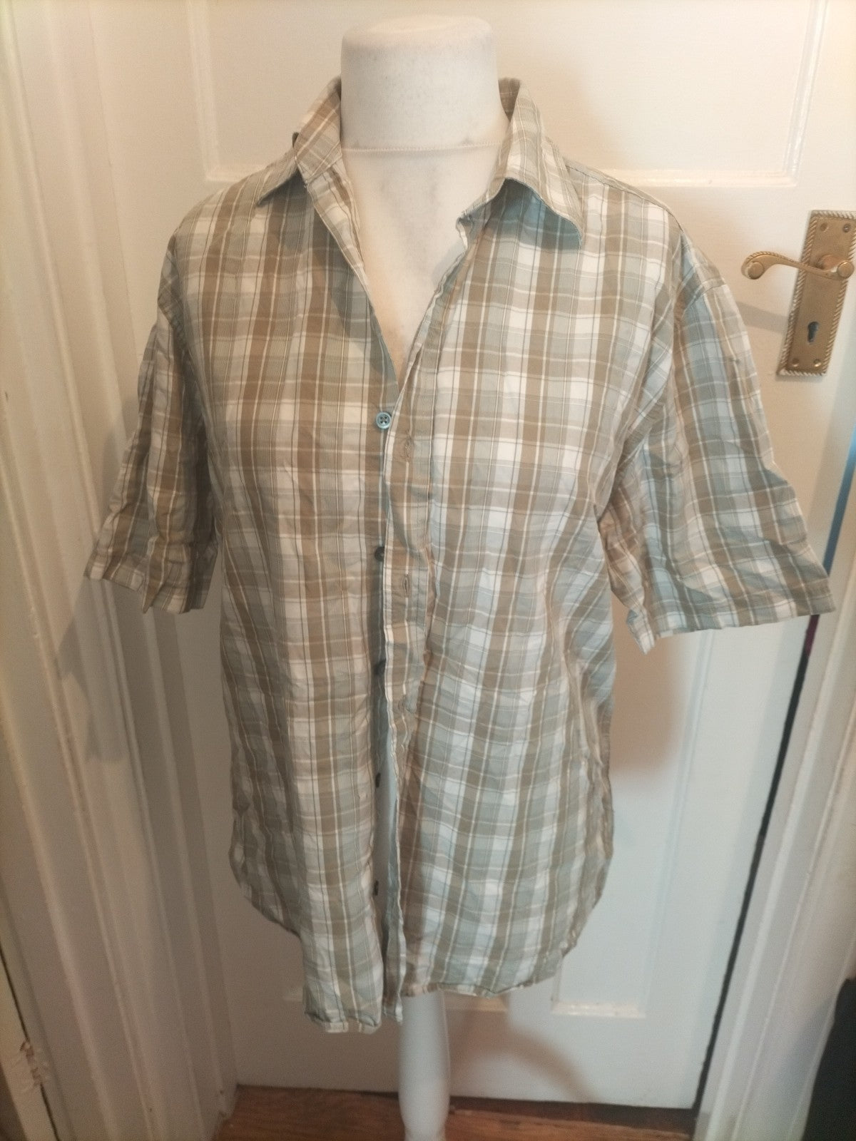 Mens Next Size L Khaki And Grey/White Short Sleeved Shirt
