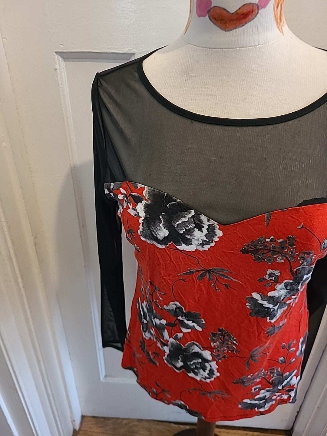 Ladies M+Co size 14 black mesh with red floral long sleeved blouse