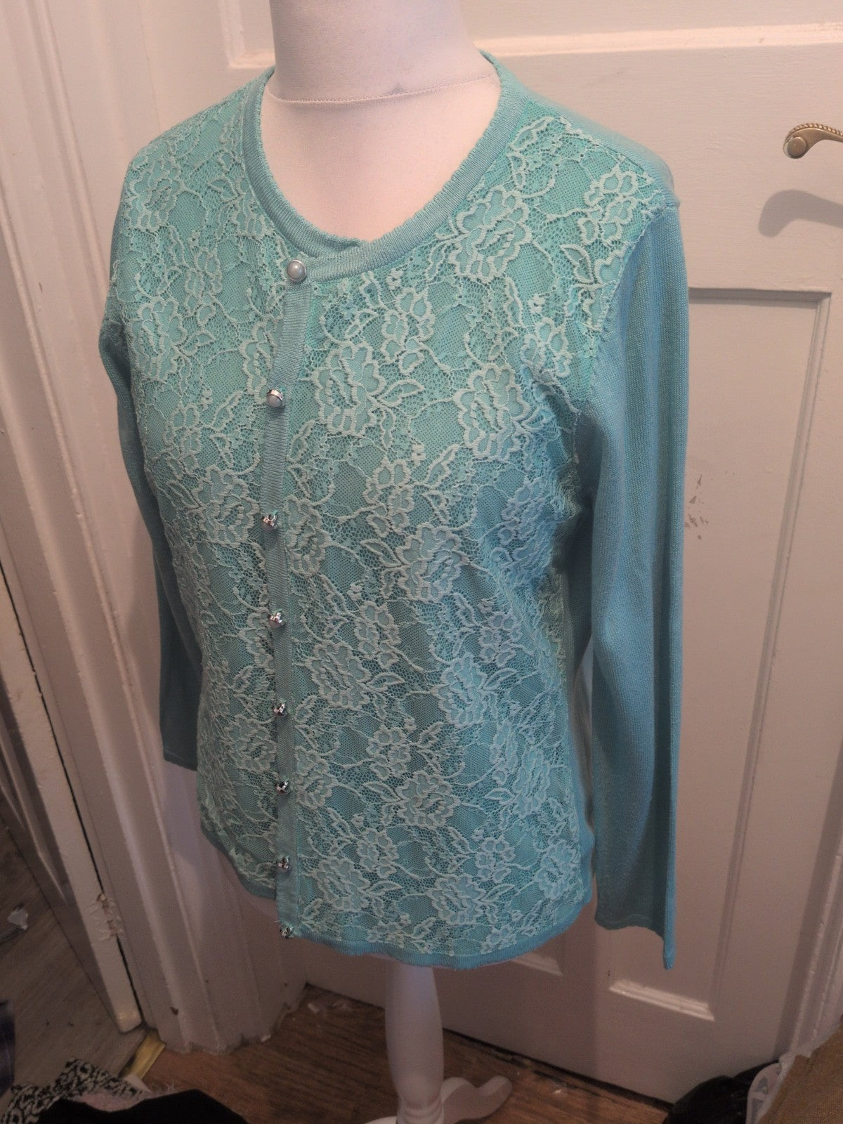 BM Collection Medium Aqua Lace Pattern Cardigan