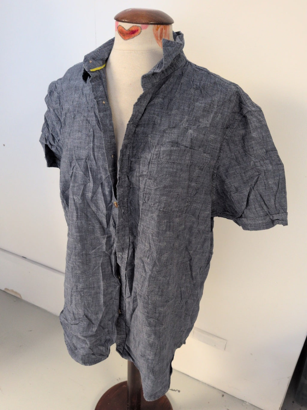 John Lewis XL Grey Denim Colour Short Sleeve Shirt Button Missing