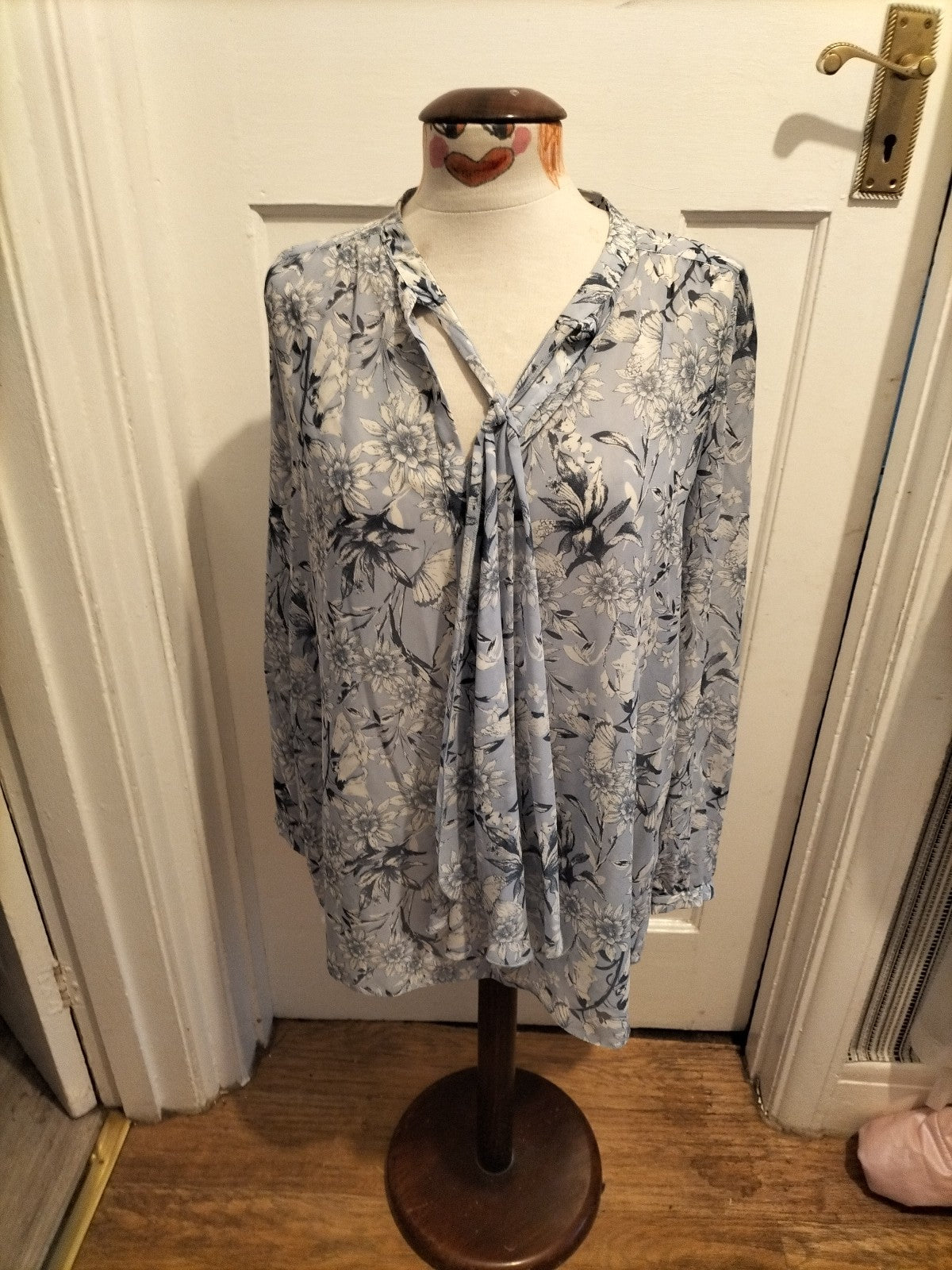 Ladies Papaya Size 12 Pale Grey/ Blue Floral Long Sleeve See Through Blouse