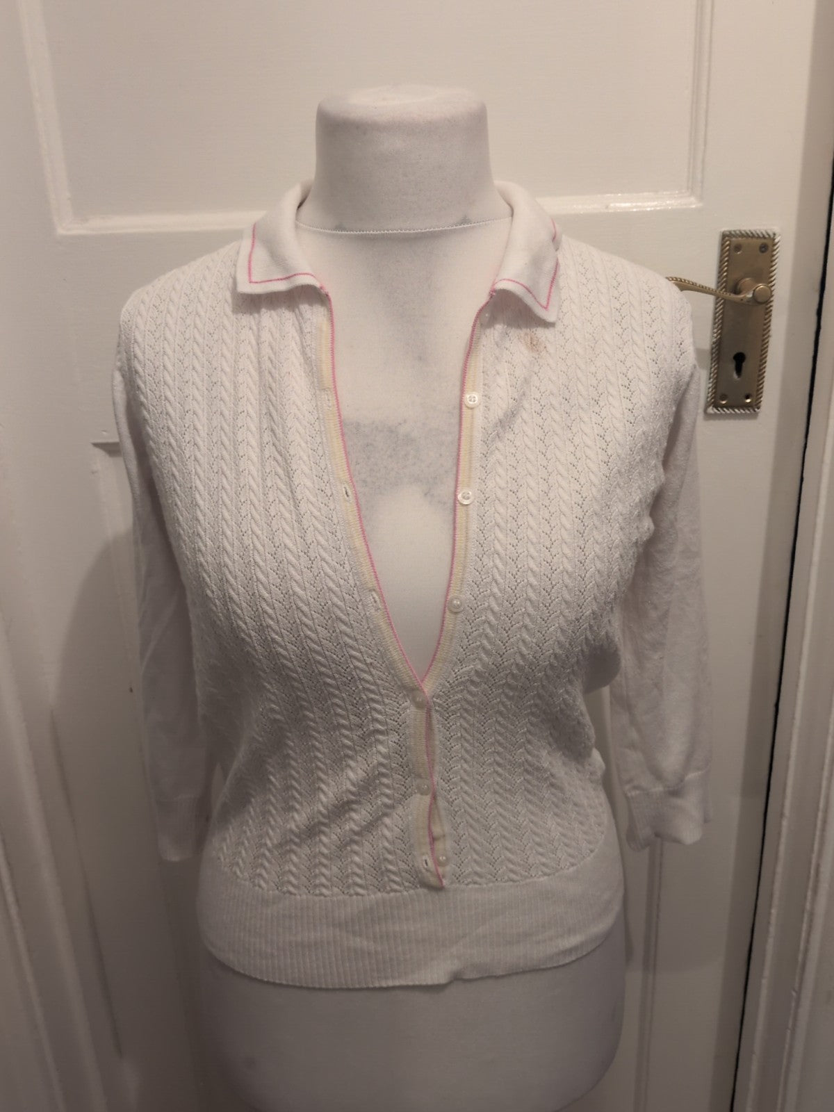 Ladies Cutter And Buck Size M White And Pink Long Sleeved Cardigan