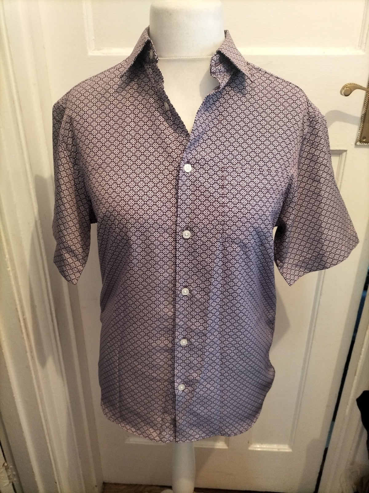 M&S Regular Fit Small Purple And White Easy Care Short Sleeve Shirt