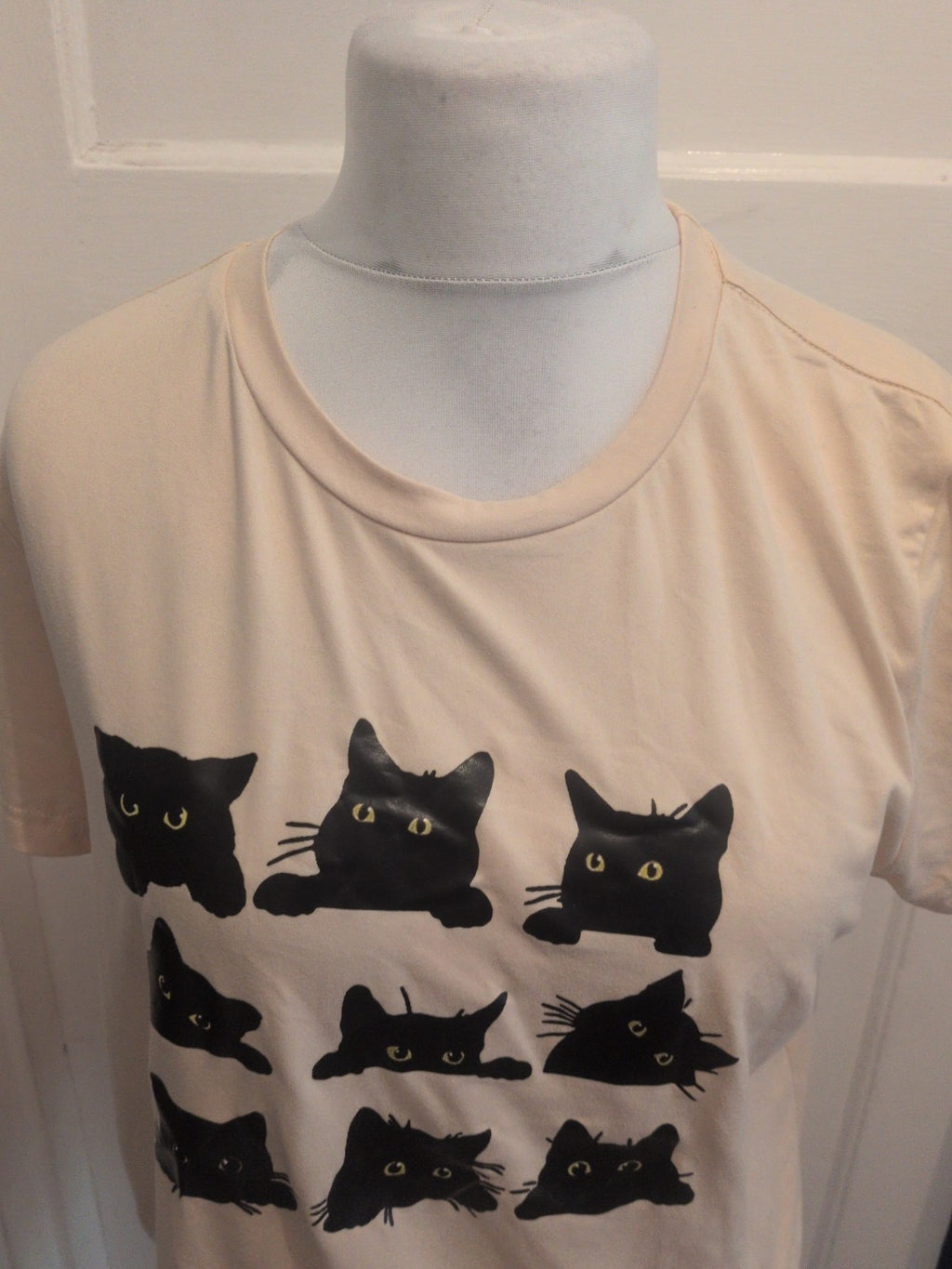 XL Beige With Black Cat Print Short Sleeve T-shirt
