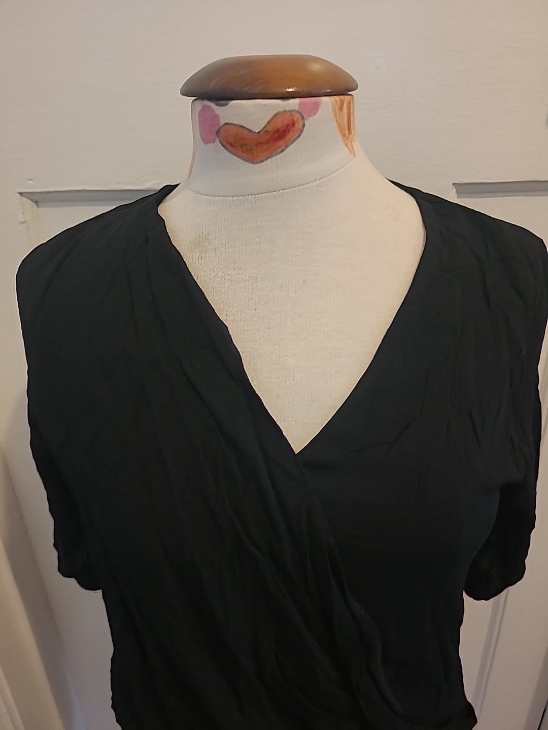 Ladies M+S Size 8 Black Scoop Detailed Front Short Sleeved Blouse