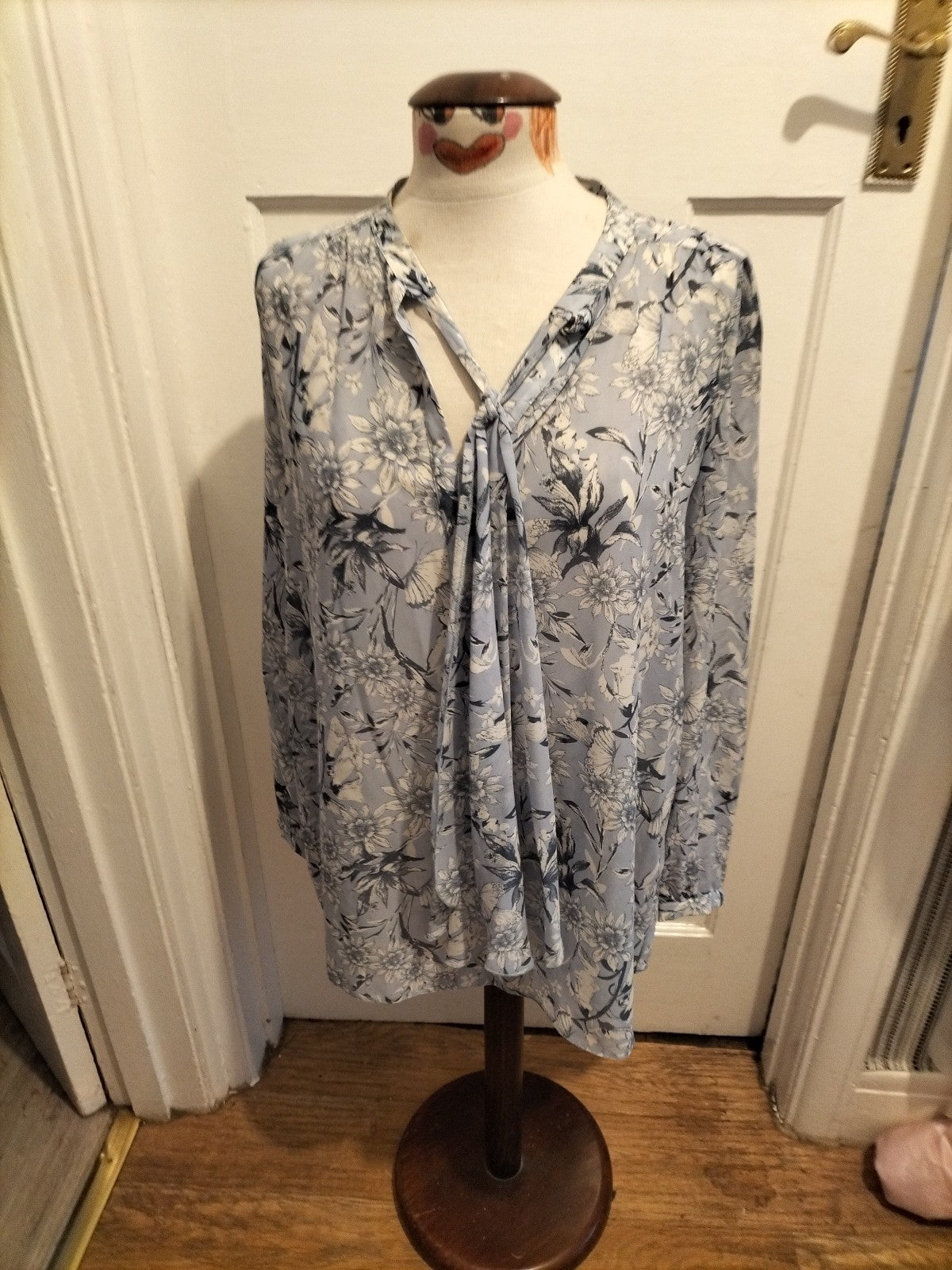 Ladies Papaya Size 12 Pale Grey/ Blue Floral Long Sleeve See Through Blouse