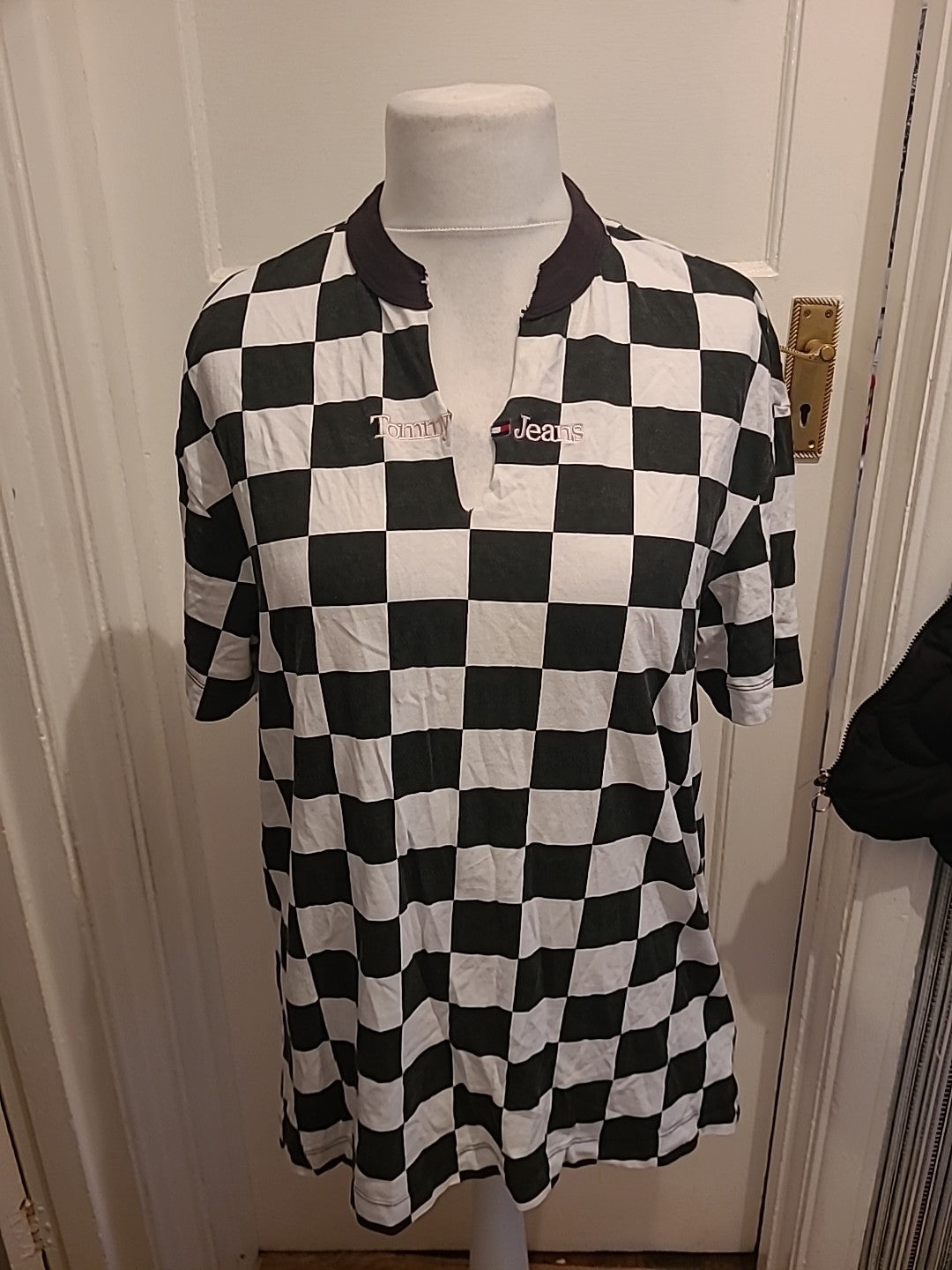 Mens Tommy Jeans Size Large Black And White Square Short Sleeved Polo