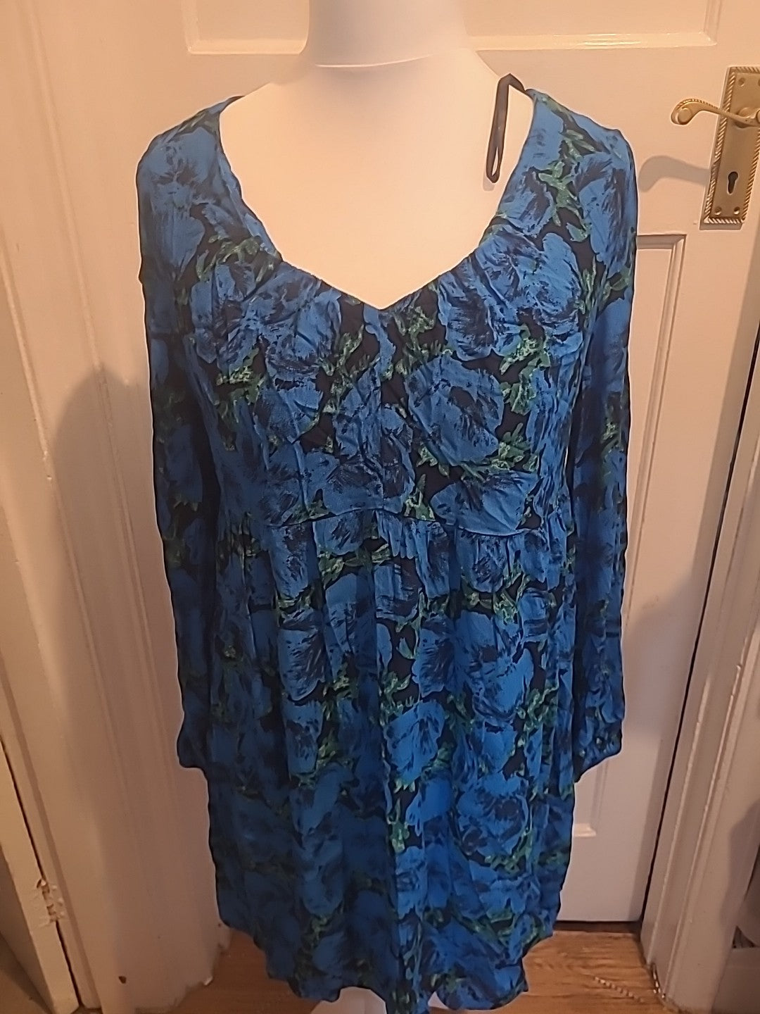 Ladies Primark Size 14 Blue And Green 3/4 Sleeved Floral Dress