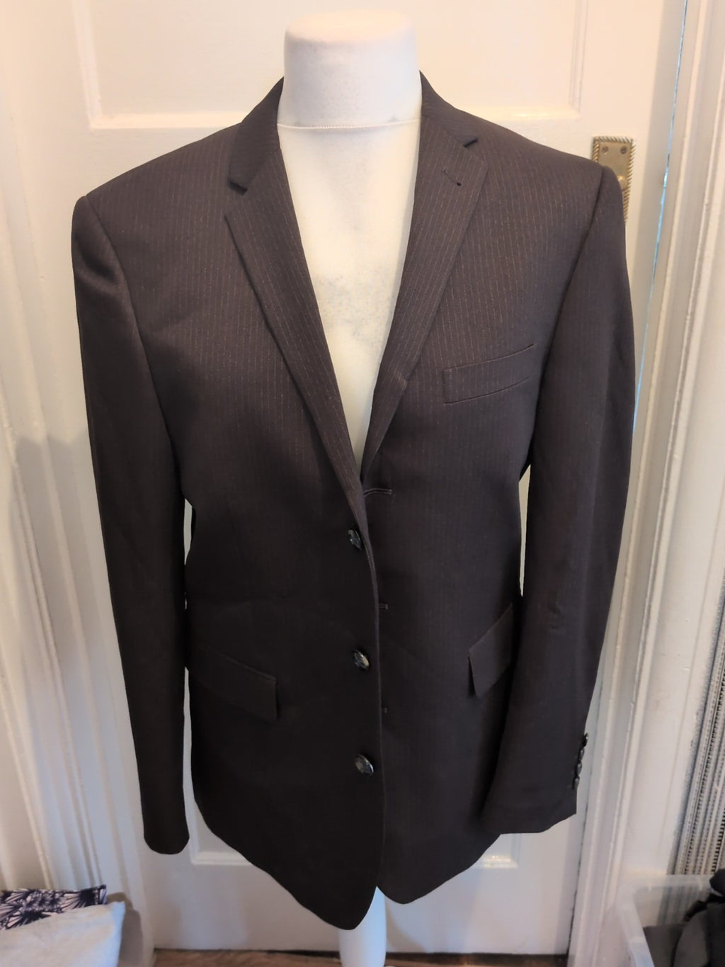 Mens Taylor&Wright Size 40R Tailored Fit Dark Brown Pinstripe Suit Jacket
