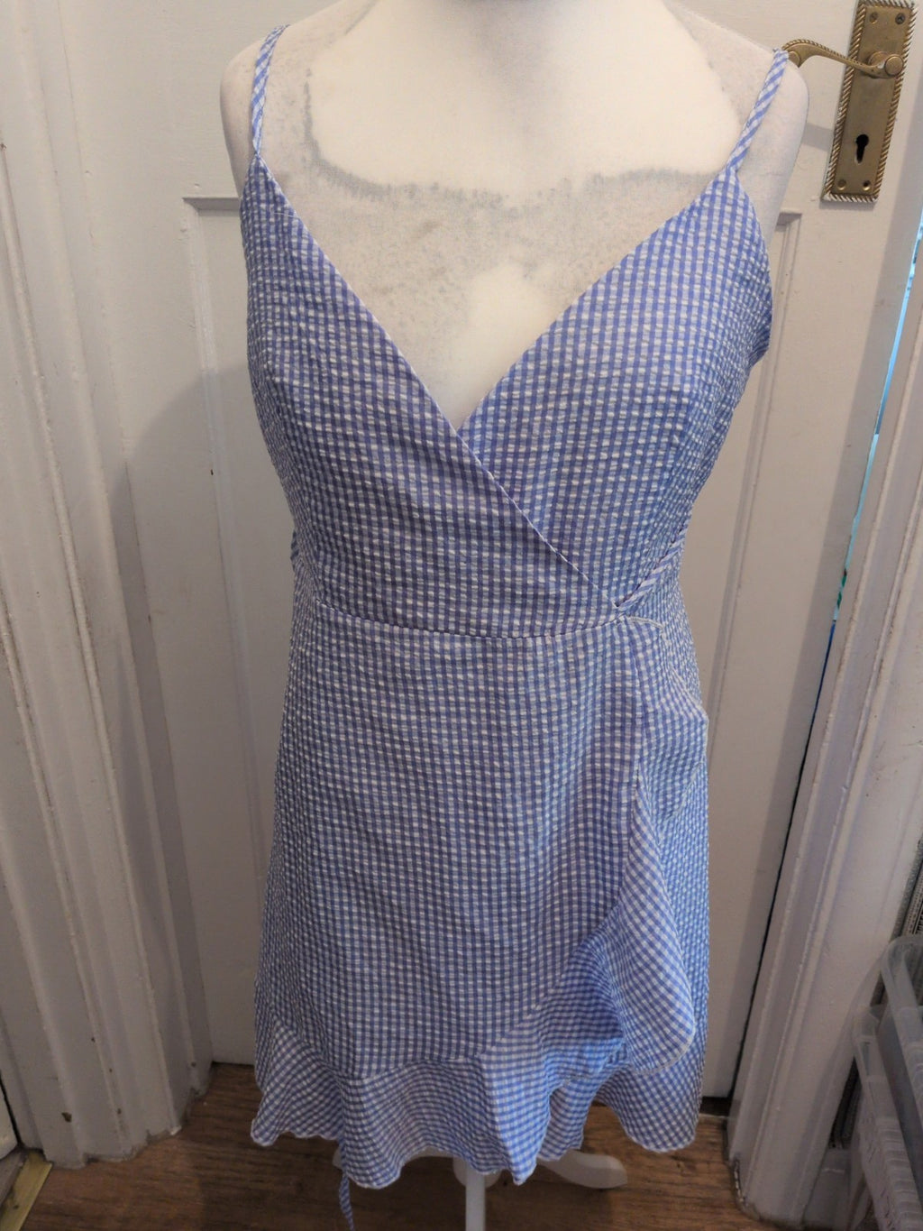 Large Blue Check Sleeveless Knee Length Dress Self Tie