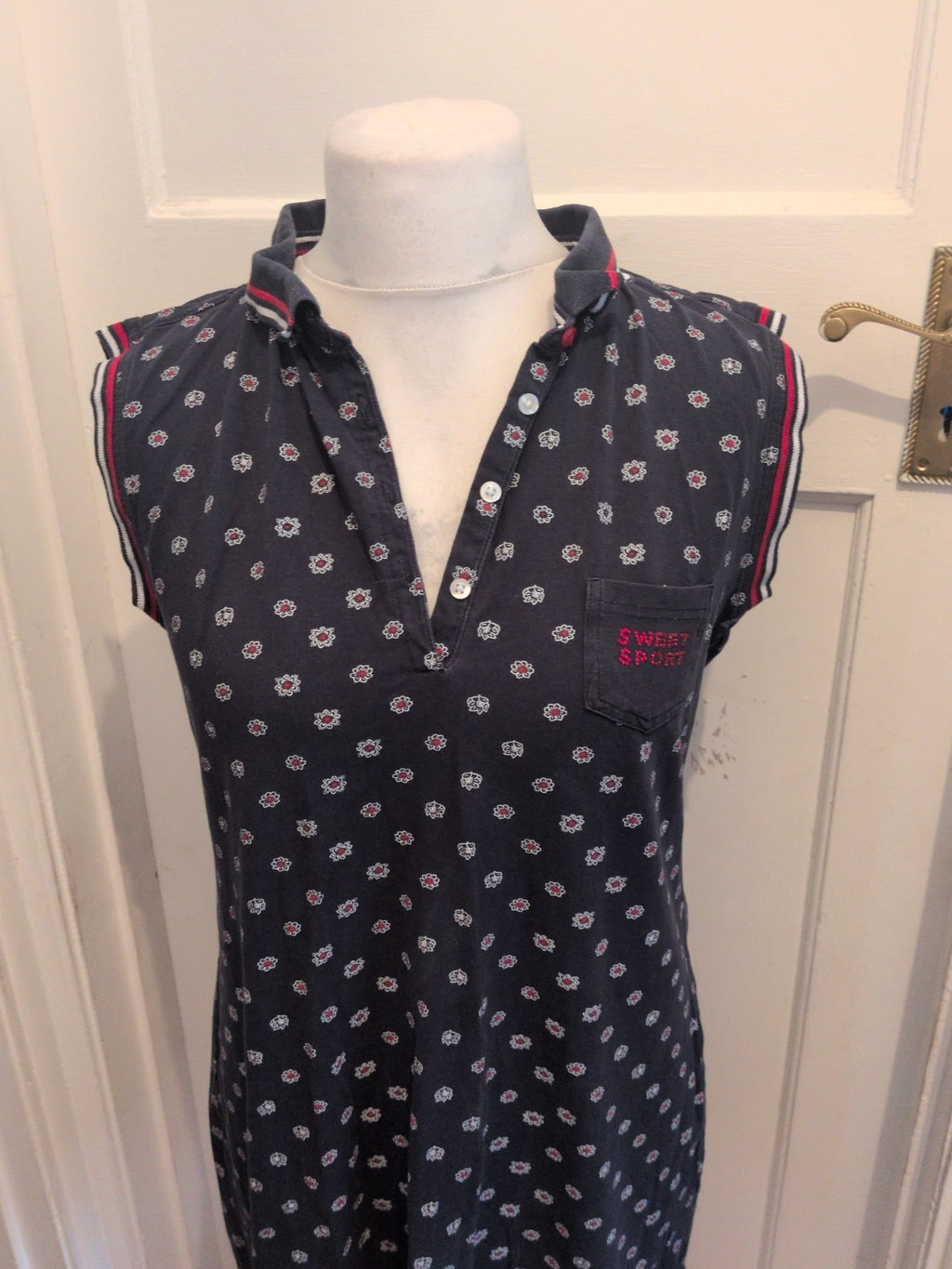 Sweet Delicate 2XL Navy Patterned Sleeveless Collared Polo Ladies
