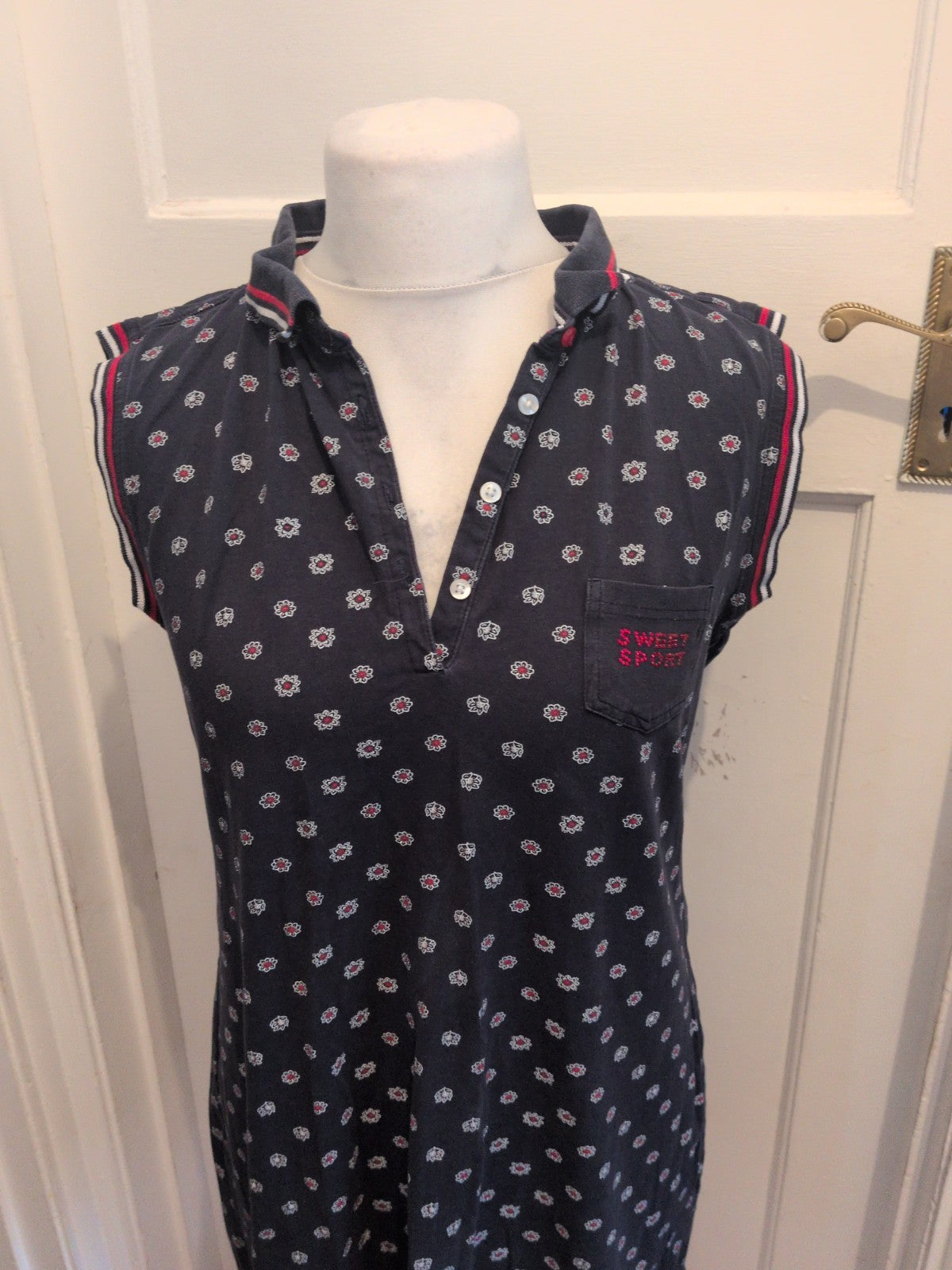 Sweet Delicate 2XL Navy Patterned Sleeveless Collared Polo Ladies