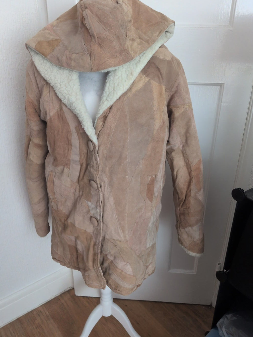 Large Beige Genuine Leather Fleece Fluffy Lined Coat