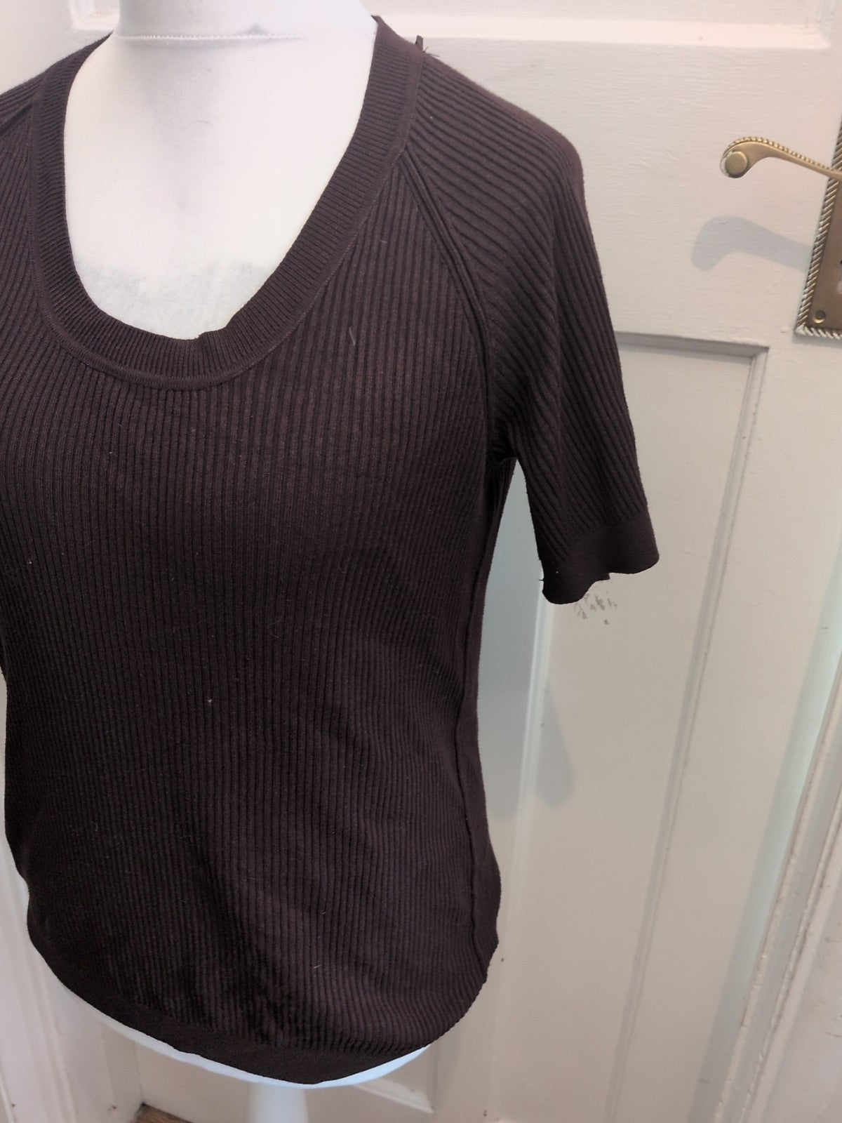 Kabi XL Dark Brown Ribbed Short Sleeve Top