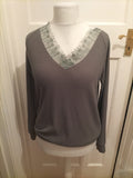 Ladies Size M Grey Ribbed Fray Hem Detail Long Sleeved T-shirt