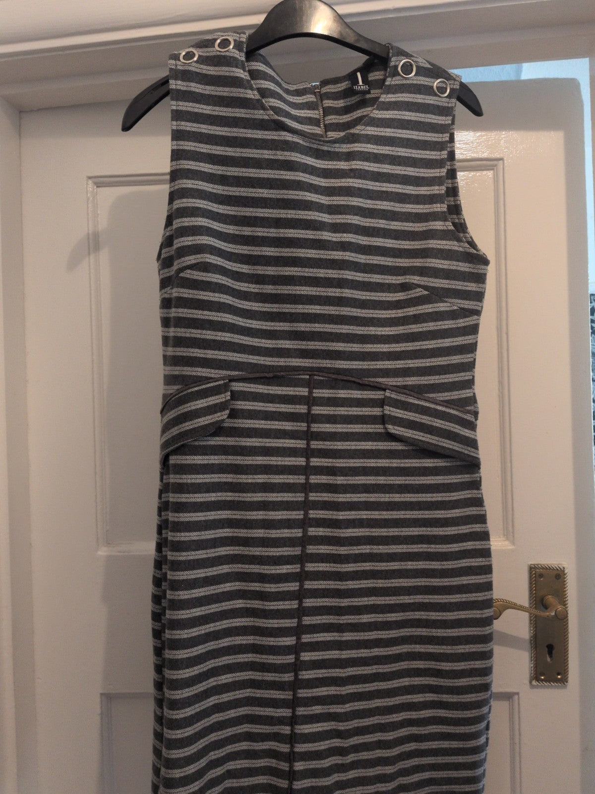 Izabel London 10 Grey White Stripe Sleeveless Dress
