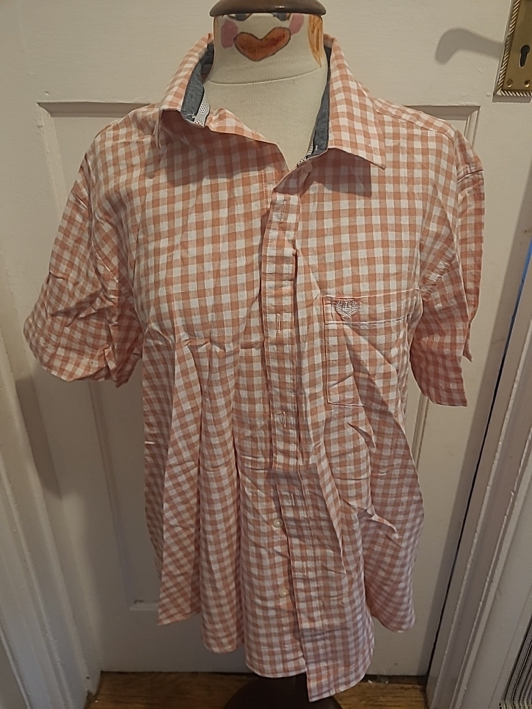 Mens Lincoln Size Large Pink And White Check Shirt Short Sleeved