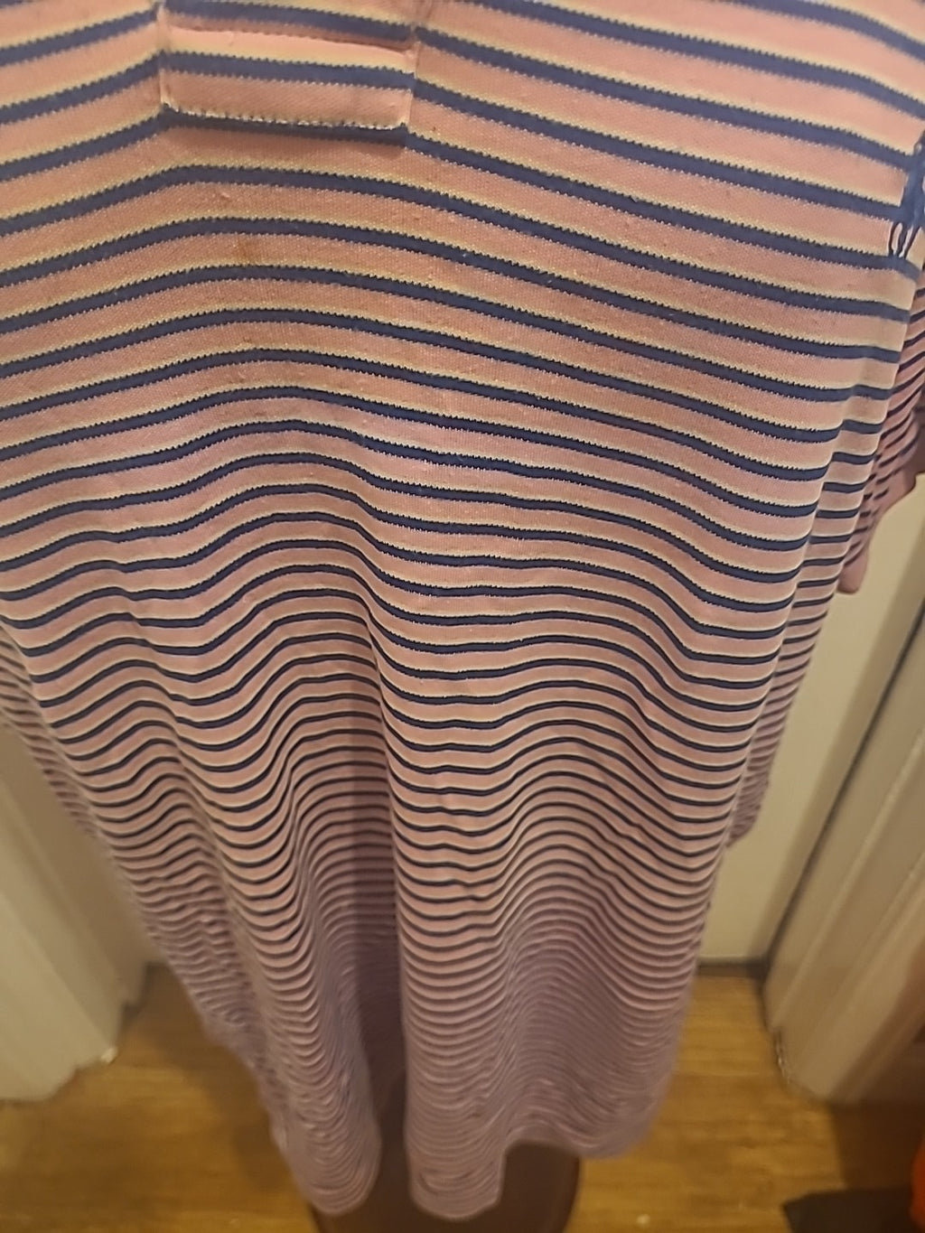 Mens Ralph Lauren Size Large Pink Navy Striped Short Sleeved Polo Shirt
