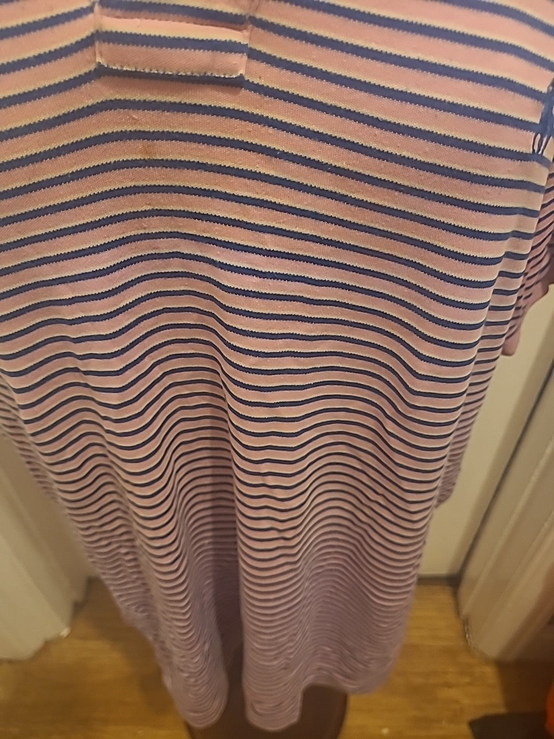 Mens Ralph Lauren Size Large Pink Navy Striped Short Sleeved Polo Shirt