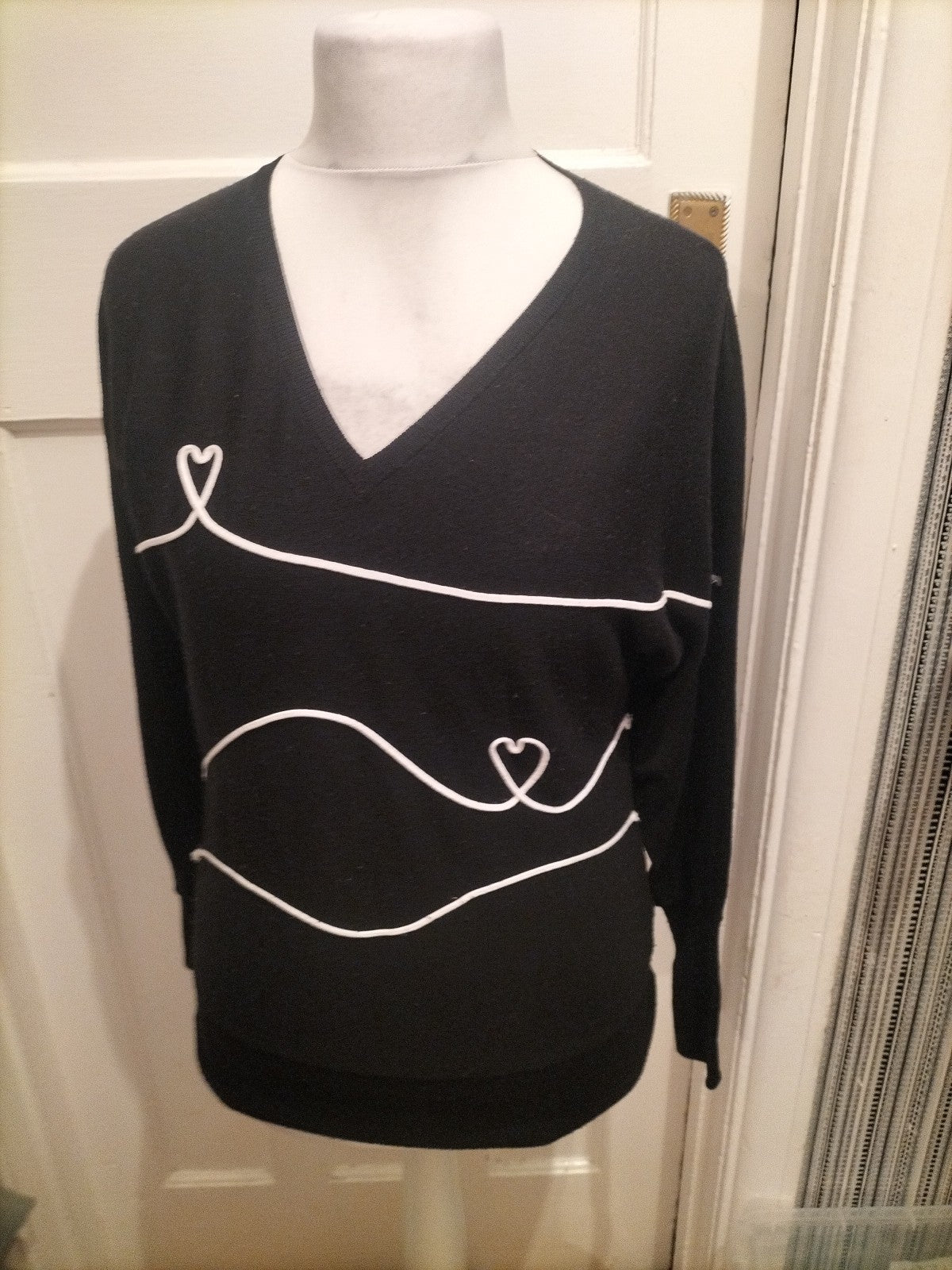 Ladies Next Size XS Black And White Jumper With Hearts