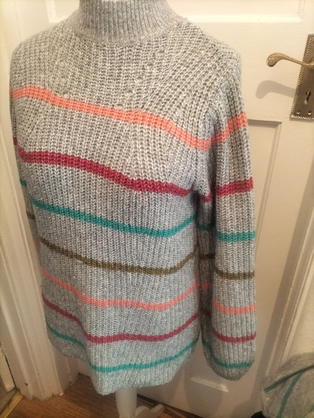 Ladies Papaya Size Medium Grey Knot Stripe Long Sleeved Pullover Jumper