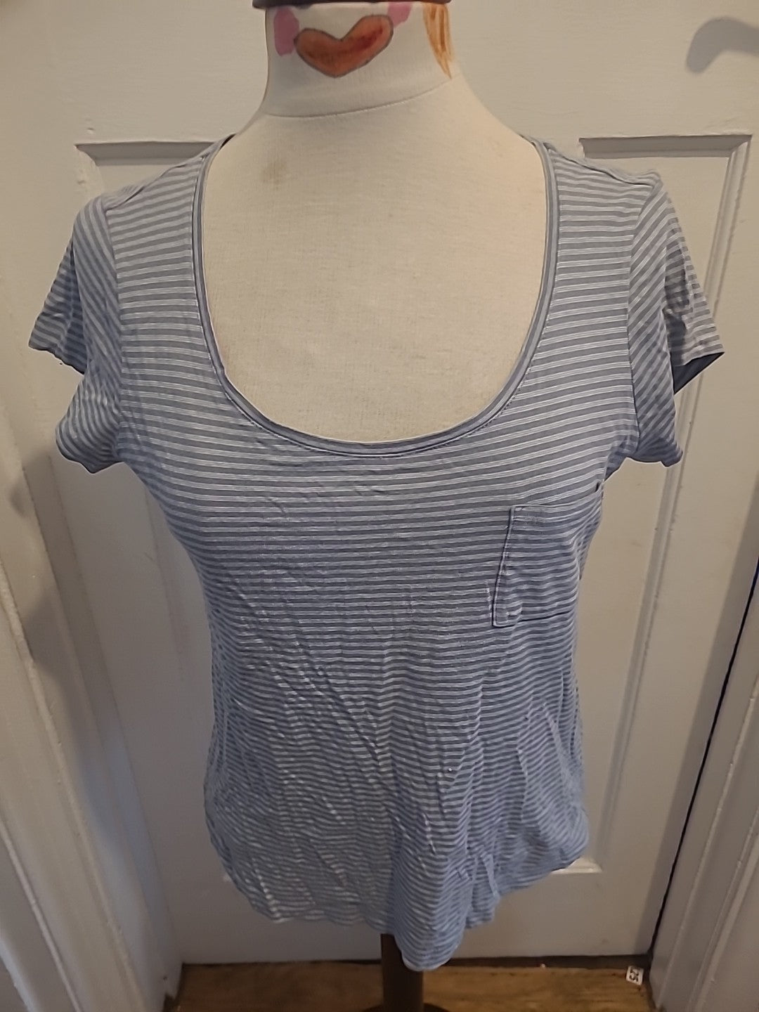 Ladies Sandwich Size Medium Grey White Striped Short Sleeved Tshirt